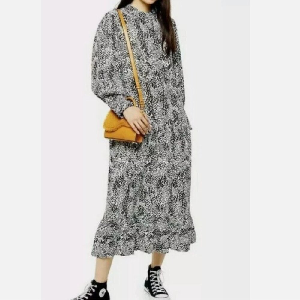 Topshop Black & White Abstract Animal Print Drop Waist Midi Dress - Size 8